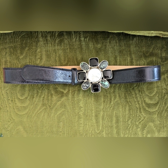 Vtg Leather Rock Crystal Flower Buckle with Leather Belt